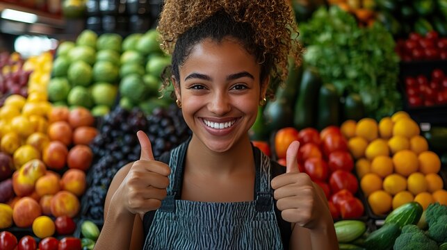 A happy employee giving a thumbs up while working in the fruit and vegetable department of a grocery store.