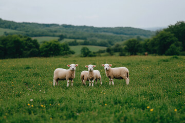 Obraz premium Three sheep are standing in a grassy field