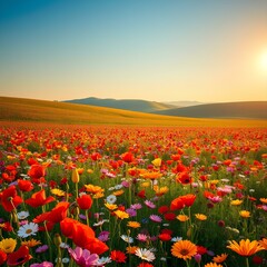 Campos y puestas de sol florecen de diferentes colores