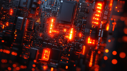 Obraz premium Close-up of a technician repairing a motherboard with electronic components, symbolizing modern battery technology, digital circuits, and advanced computer engineering systems