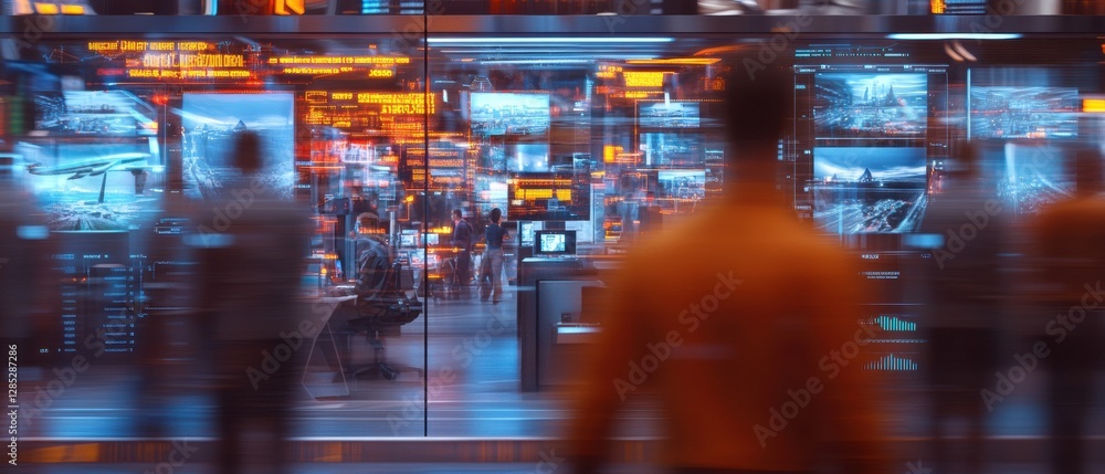 Aufkleber Futuristic Motion Blur in High-Tech Workspace Dynamic Digital Travel Interfaces for Innovative Work Environments Enhancing Collaboration and Immersive Experiences