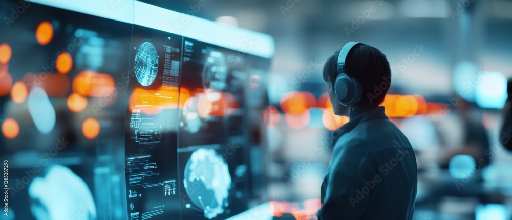 Poster Futuristic Tech Workspace Vibes Motion Blur Dynamics with Digital Travel Interfaces - Boosting Business Innovation and Immersive Marketing in Tech Industry