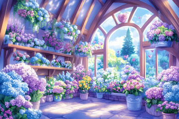 Fototapeta premium Flower shop interior, hydrangeas, sunny day, floral background, website banner