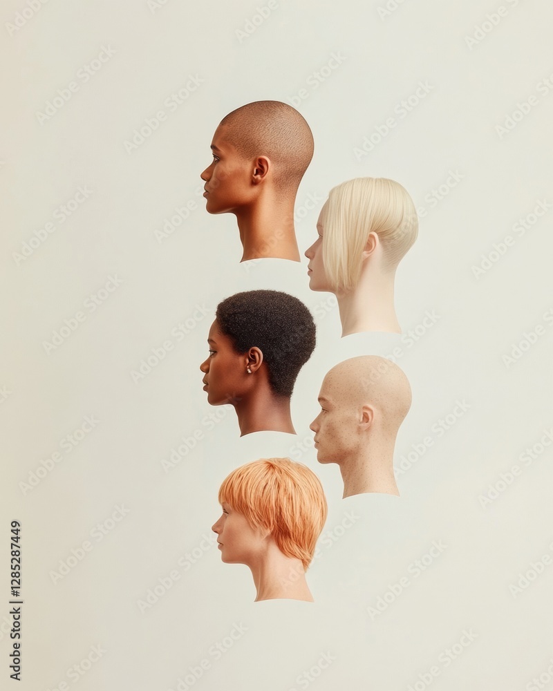 Poster minimalist profile diverse portraits with neutral background - contemporary visual content and inclu