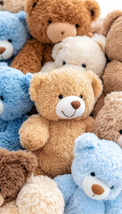 Fluffy teddy bears pile, studio shot, soft toy background, children's gift