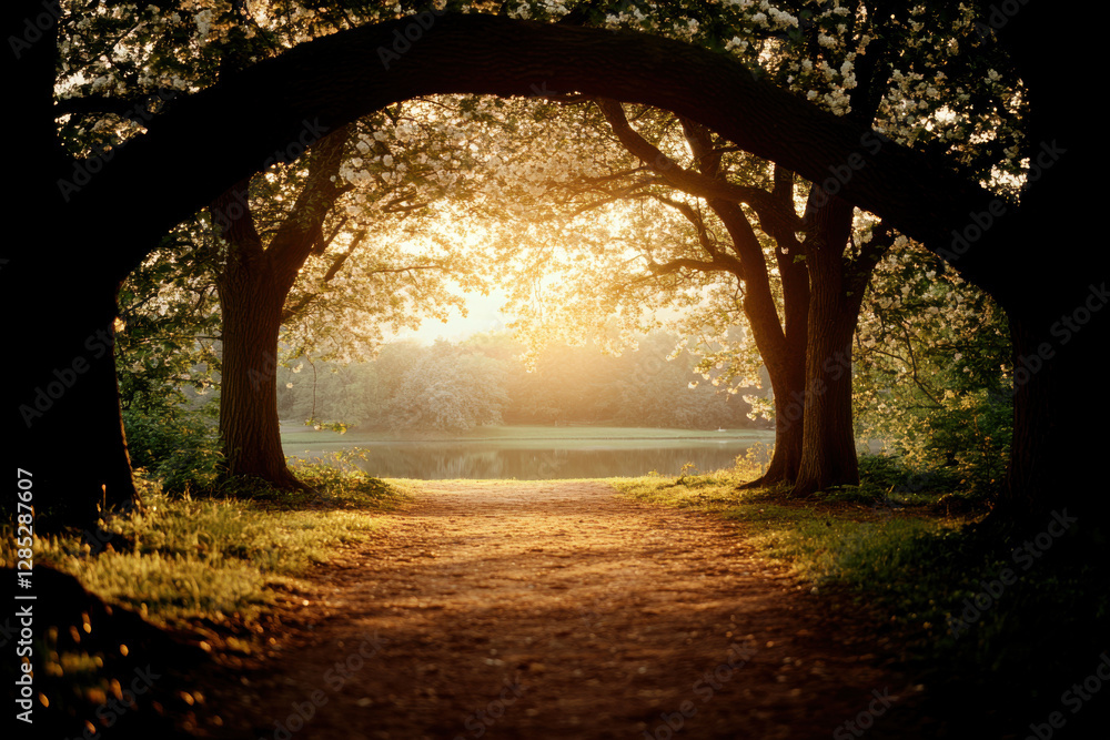 Poster a path through a forest with trees on either side