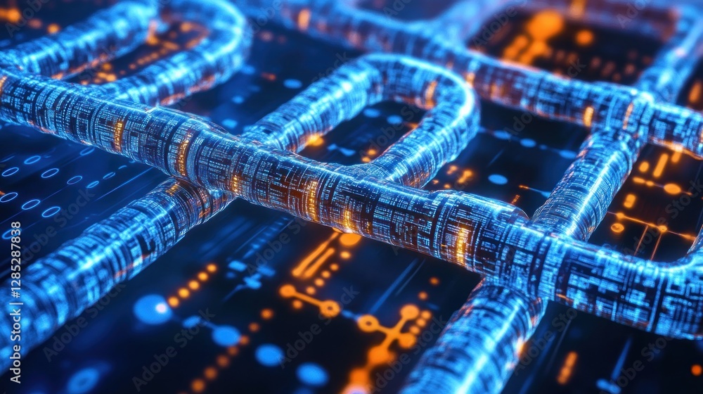 Wall mural futuristic digital grid with glowing blue and orange lines representing technology and data flow
