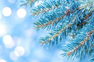 Obraz premium Frosty pine branch, winter bokeh background, holiday card