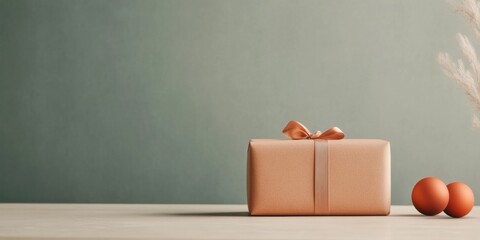 Modern Festive Simplicity Wrapped Gift with Satin Ribbon and Ornaments on Stone Surface - Christmas and New Year Celebration for Elegant Event Styling