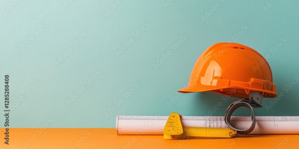 Poster modern industrial design orange hard hat on structural blueprints and measuring tools - streamlined 