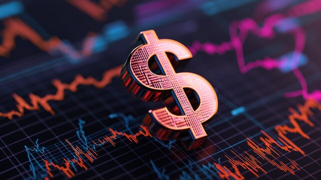 A vibrant 3D dollar sign stands prominently against a dynamic stock market graph background