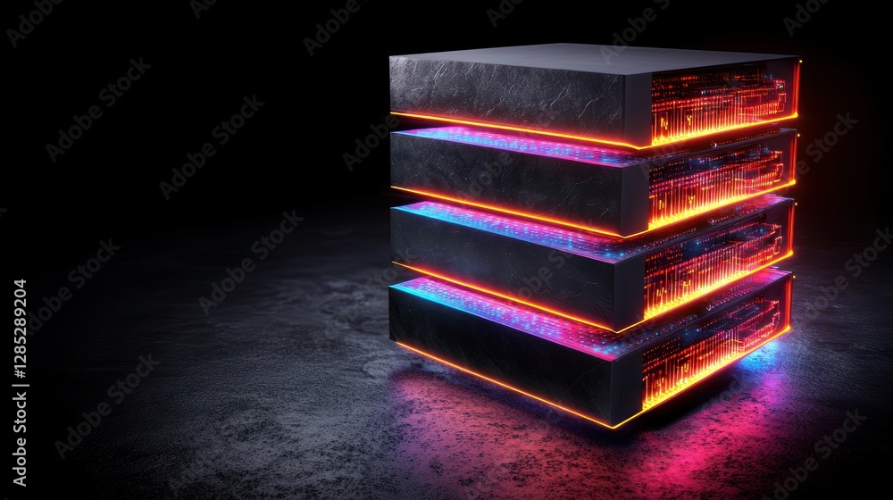 Poster a futuristic stack of glowing data servers showcasing vibrant lights against a dark backdrop