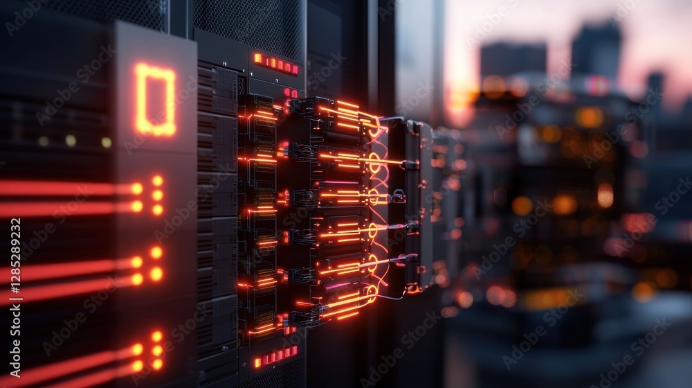 Wall mural close-up view of illuminated server connections in a modern data center at sunset