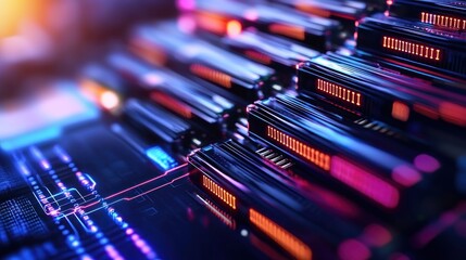Futuristic data center with illuminated server racks and intricate circuitry in the background