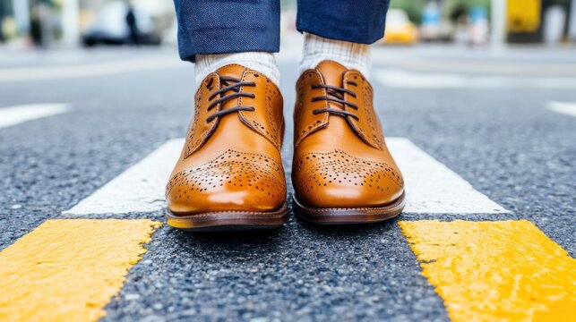 Effortless Autumn Commute Stylish Leather Shoes at Urban Crosswalk for Walk to Work Day - Fall Fashion and Thanksgiving Season Urban Transportation for Professionals - Powered by Adobe
