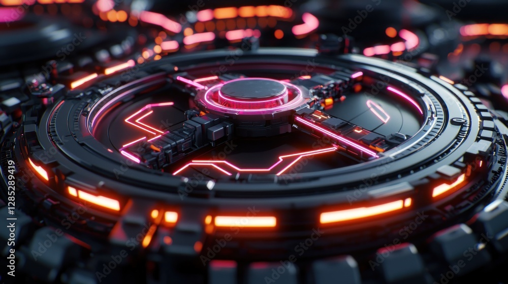 Wall mural futuristic mechanical design featuring glowing neon elements in a high-tech environment