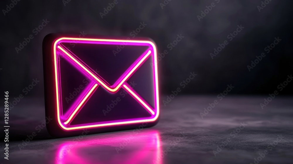 Poster neon envelope icon glowing in a dark environment, symbolizing digital communication and messaging