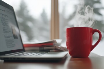 Scandinavian Hygge in Journalism Cozy Editorial Workspace with Red Mug and Digital News for National Hug a Newsperson Day - Winter Professional Branding and Seasonal Content Creation