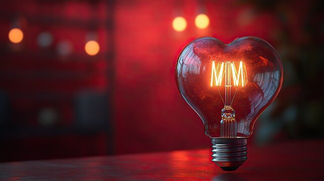 A heart-shaped light bulb glows warmly against a red background, symbolizing romantic ideas and love.
