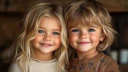 A heartwarming image of two adorable blonde children smiling together, their joyful expressions radiating happiness