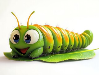 Playful cartoon caterpillar on leaf nature scene close-up fun