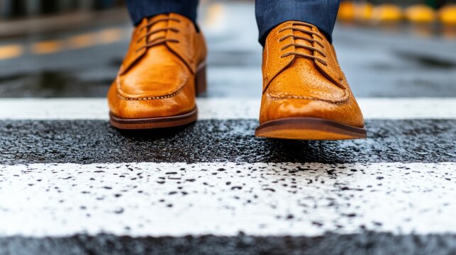 Urban Minimalism for Walk to Work Day Stylish Leather Shoes on Pavement - Fall Fashion and Workplace Mobility for Modern Urban Professionals - Powered by Adobe