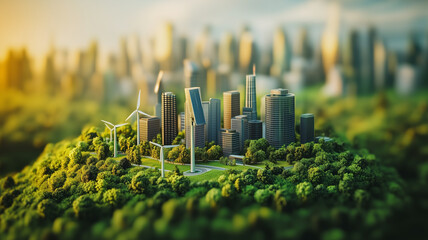 Sustainable city concept with wind turbines, skyscrapers, and greenery. This showcases miniature urban landscape emphasizing renewable energy and environmental preservation