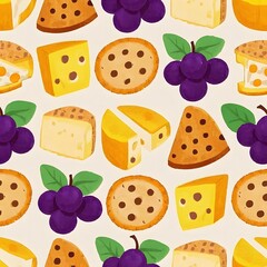 Seamless Cheese Pattern &ndash; Melted Cheese, Cheese Wheels, and Shredded Cheese on Yellow Background