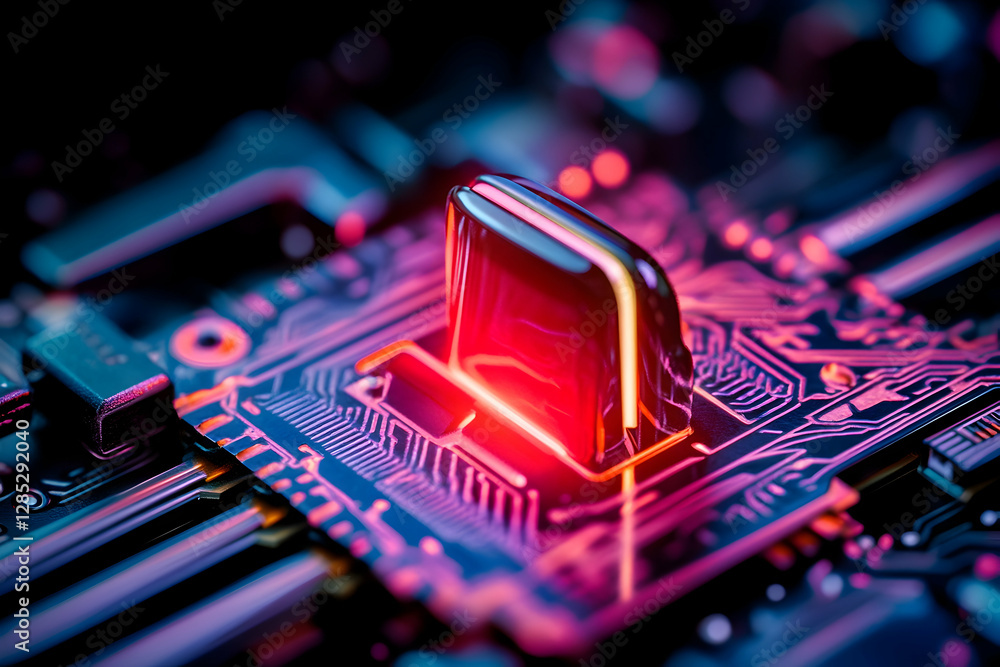 Aufkleber glowing cpu on circuit board, tech background