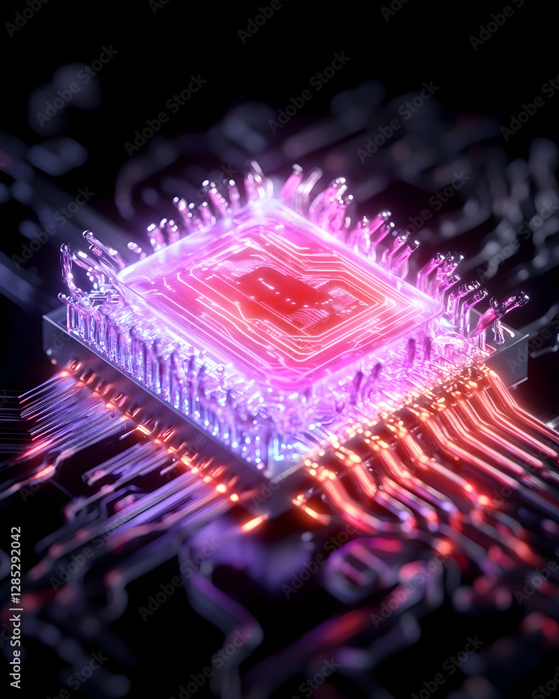 Poster glowing cpu on circuit board; tech background