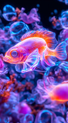 Fototapeta premium Glowing fish swims in neon jellyfish aquarium