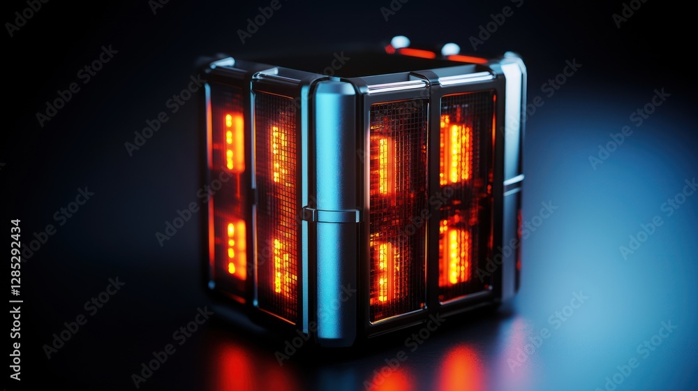 Wall mural futuristic glowing cube with intricate designs and vibrant lights on a dark backdrop