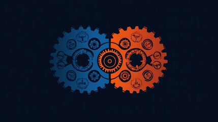 Interlocking Gears in Blue and Orange, Symbolizing Industrial Mechanics and Teamwork in a Symmetrical Vector Design  
