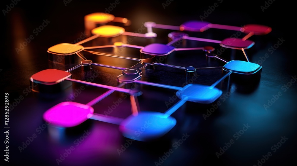 Wall mural colorful abstract network design with glowing nodes and connections on a dark surface