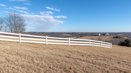 Panoramic view of white fence and farm landscape
