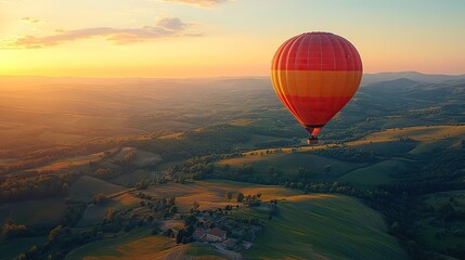 Obraz premium A hot air balloon takes flight over a countryside landscape.