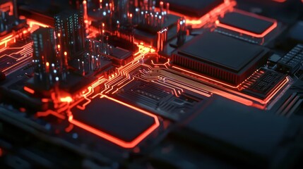 Fototapeta premium Close-up view of a glowing circuit board with intricate pathways and components, showcasing technology