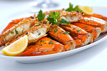 Grilled crab legs lemon garnish platter restaurant