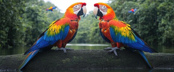Colorful Macaws In Tropical Forest