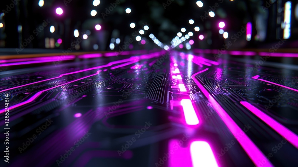 Poster futuristic cityscape with glowing circuit patterns and neon lights illuminating the road