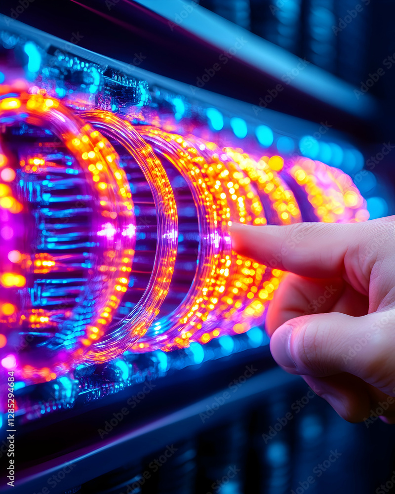 Aufkleber hand activating server lights; data center background; technology concept