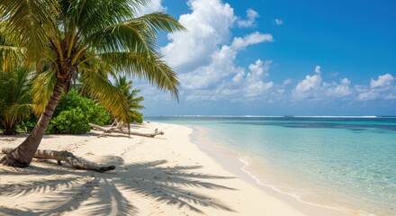 Fototapeta premium Idyllic Tropical Beach with Palm Trees, White Sand, and Turquoise Water