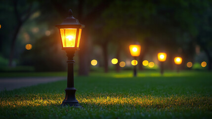 A serene evening park landscape with illuminated lanterns along a riverbank at sunset, evoking a peaceful, reflective mood
