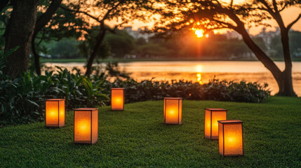A serene evening park landscape with illuminated lanterns along a riverbank at sunset, evoking a peaceful, reflective mood