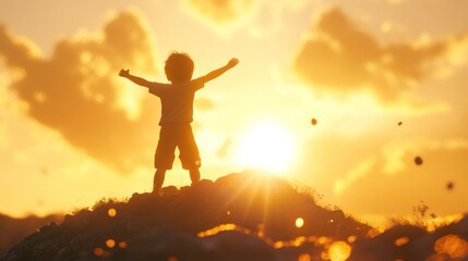 Joyful Child Standing on Rocks at Sunset, Arms Outstretched, Wearing Shorts