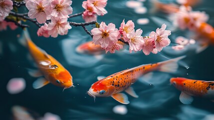 Obraz premium A Japanese garden pond is filled with cherry blossoms and koi fish.