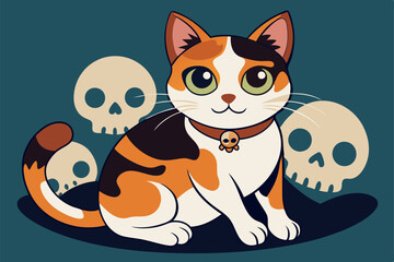 Obraz premium Cat Vector Halloween Skeleton Skull Bone Kitten Pastel Color Calico Sitting Icon Logo Symbol Cartoon Character Illustration Doodle Isolated Design. 
