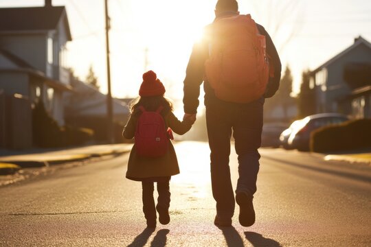 Sunlit Serenity Asian Father-Daughter Duo Embrace Walk to Work Day - Modern Family Bonding and Active Living in Warm, Natural Suburban Landscape for Lifestyle Branding - Powered by Adobe