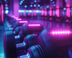 Fototapeta premium Strength training with dumbbells and glowing AR fitness data, sleek modern gym, dynamic lighting, photorealistic