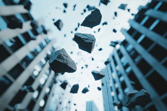 Surreal Floating Rocks in Abstract Urban Skyline Perspective